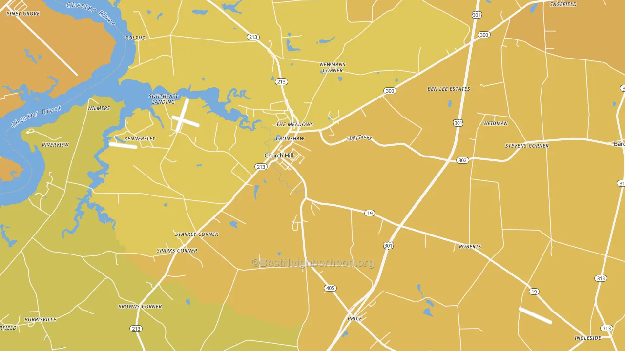 Map of the best neighborhoods in the Church Hill area, with better matches in green and worse matches in red