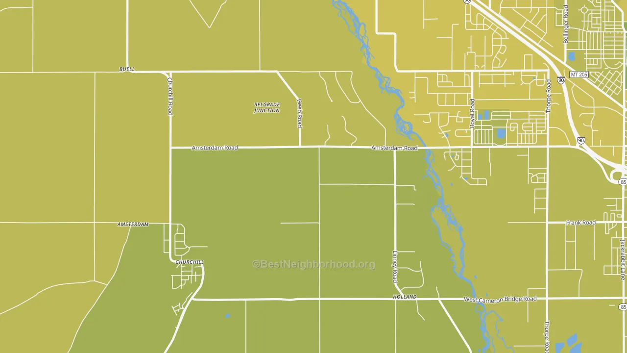 Map of the best neighborhoods in the Church Hill area, with better matches in green and worse matches in red
