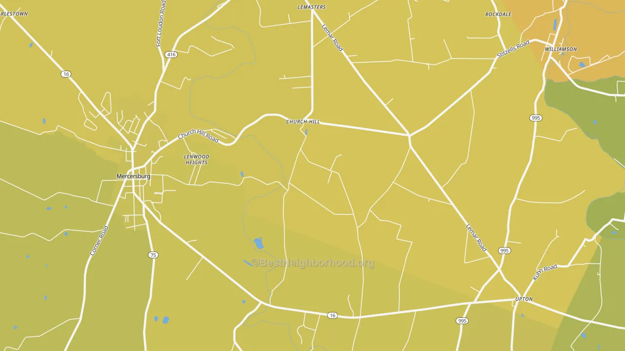 Map of the best neighborhoods in the Church Hill area, with better matches in green and worse matches in red