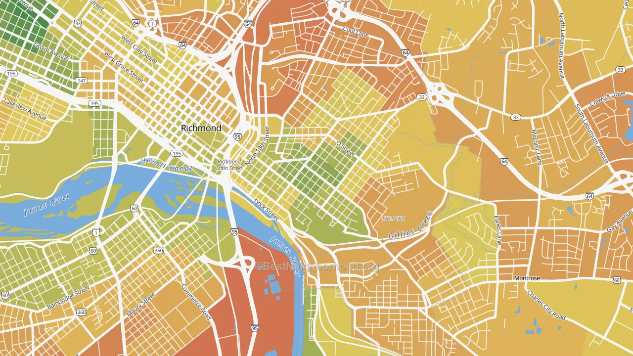 Map of the best neighborhoods in the Church Hill, Richmond area, with better matches in green and worse matches in red