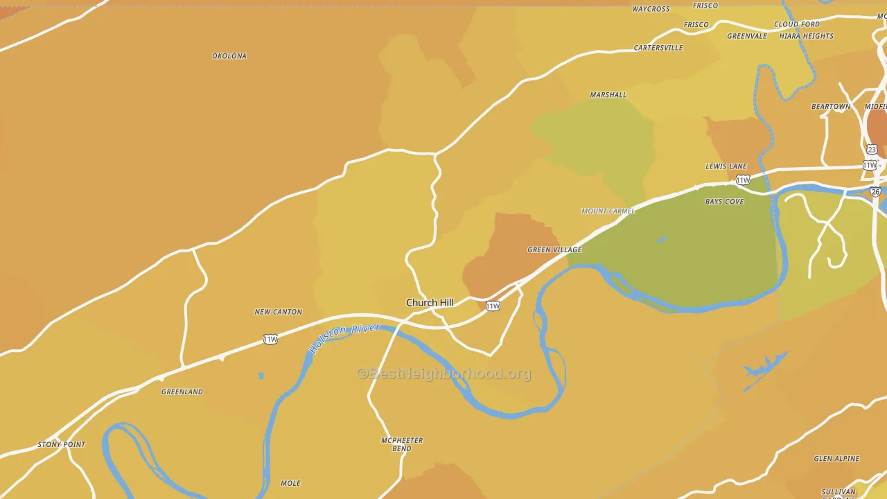 Map of the best neighborhoods in the Church Hill area, with better matches in green and worse matches in red