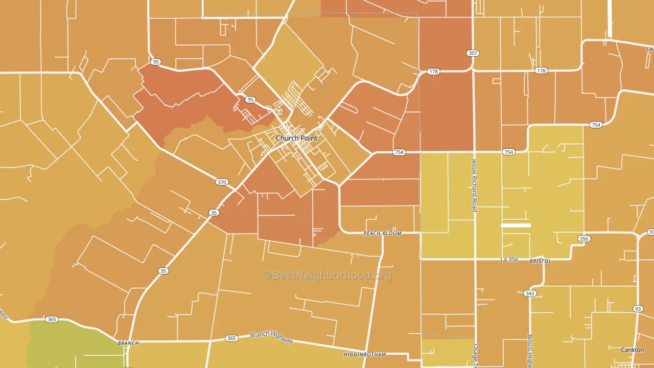 Map of the best neighborhoods in the Church Point area, with better matches in green and worse matches in red