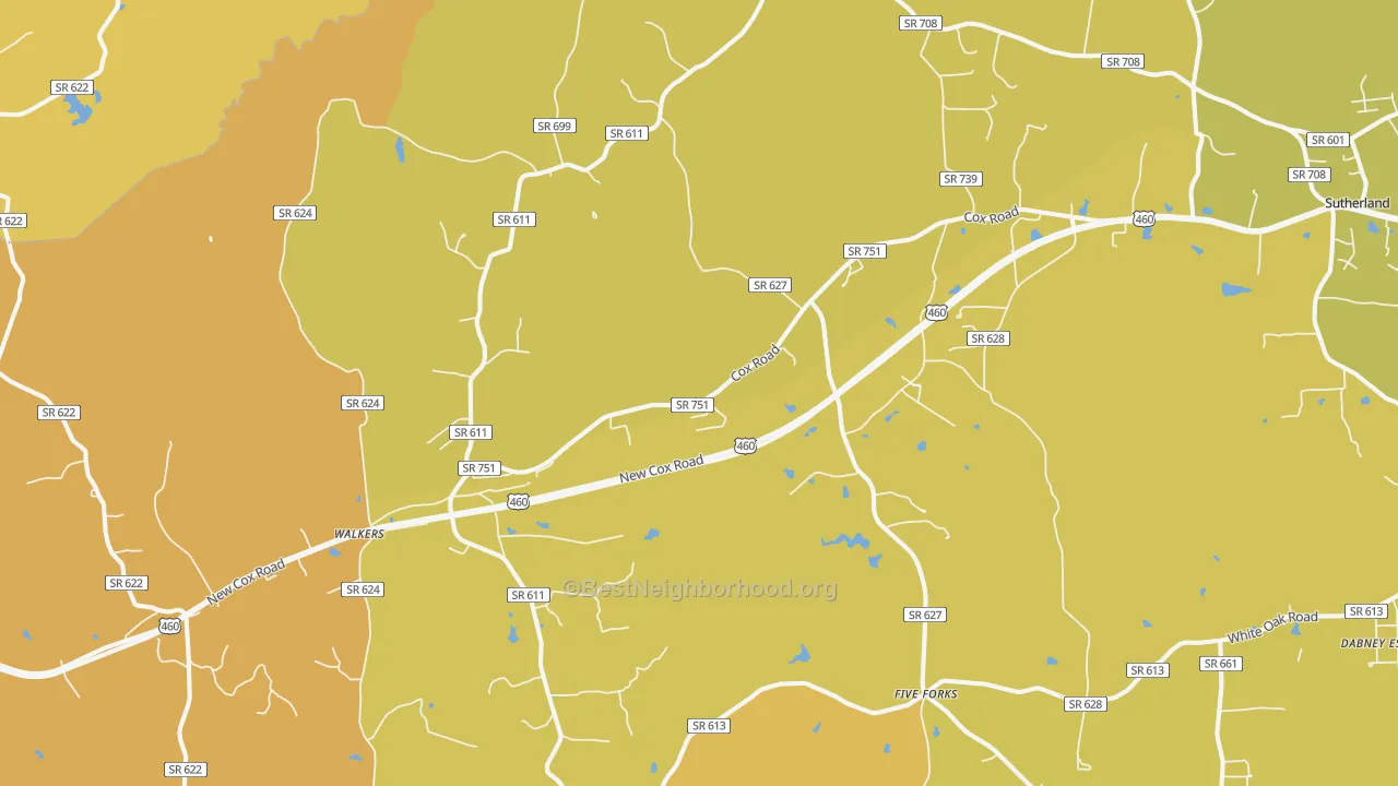 Map of the best neighborhoods in the Church Road area, with better matches in green and worse matches in red