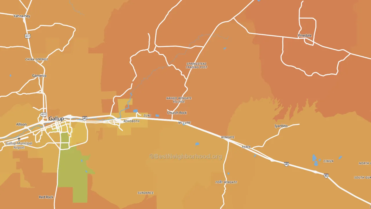 Map of the best neighborhoods in the Church Rock area, with better matches in green and worse matches in red