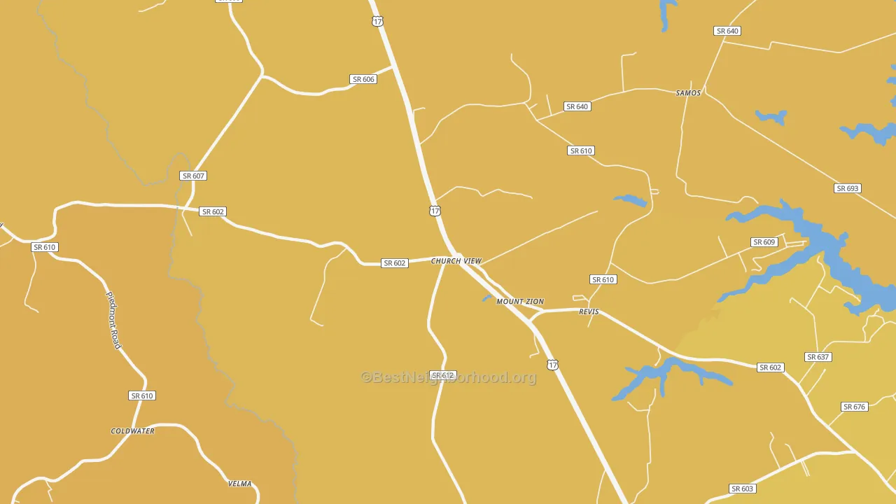 Map of the best neighborhoods in the Church View area, with better matches in green and worse matches in red