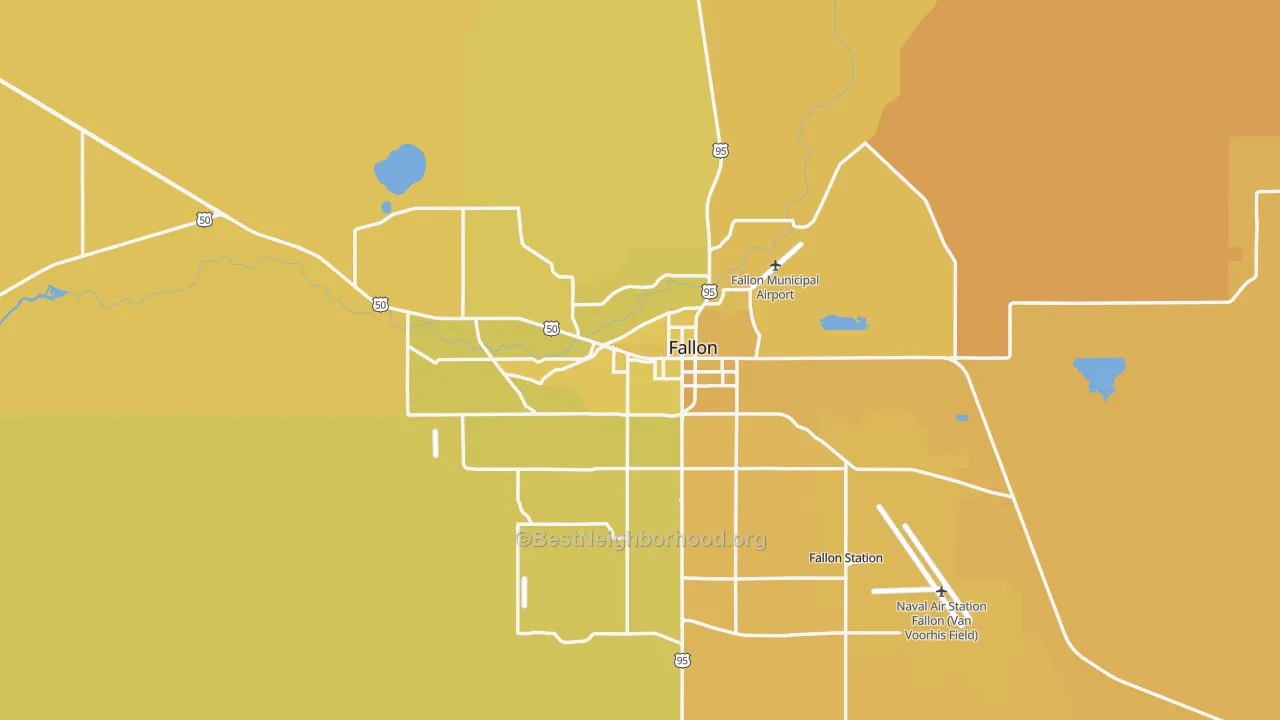 Map of the best neighborhoods in the Churchill County area, with better matches in green and worse matches in red