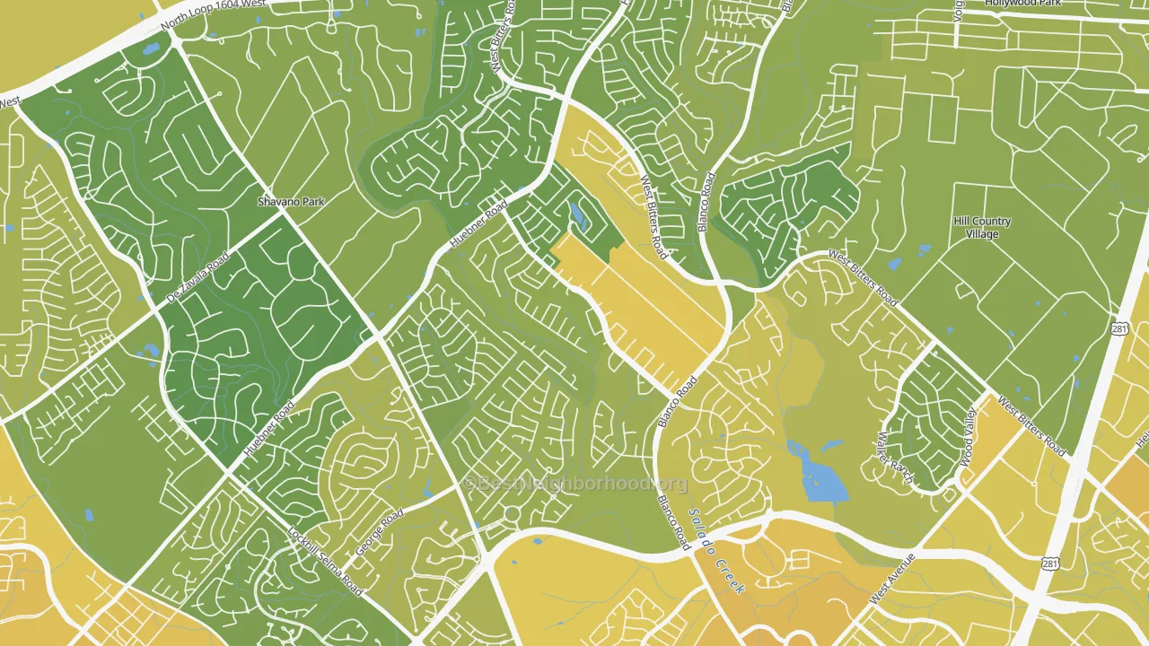 Map of the best neighborhoods in the Churchill Estates, San Antonio area, with better matches in green and worse matches in red