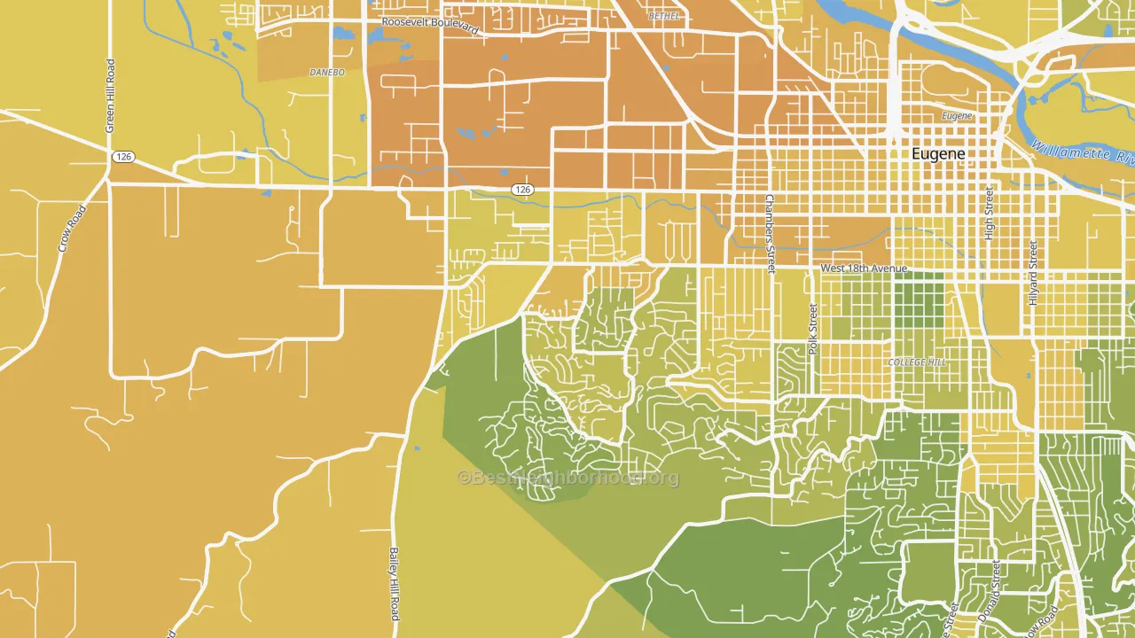 Map of the best neighborhoods in the Churchill, Eugene area, with better matches in green and worse matches in red