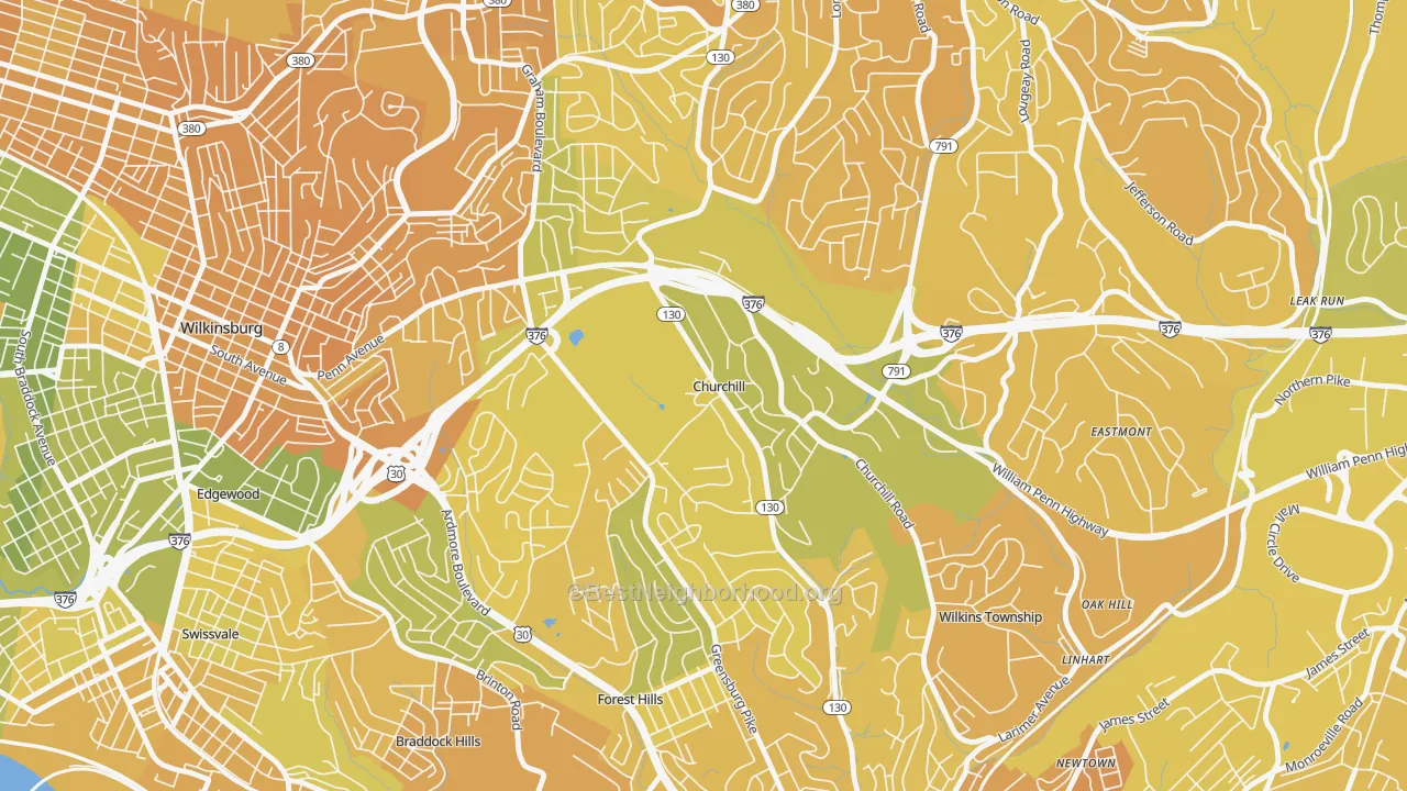 Map of the best neighborhoods in the Churchill area, with better matches in green and worse matches in red