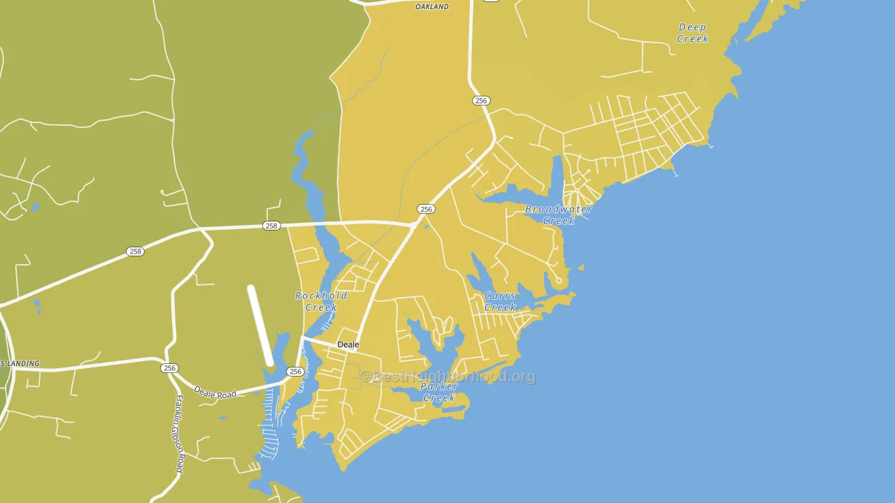 Map of the best neighborhoods in the Churchton area, with better matches in green and worse matches in red