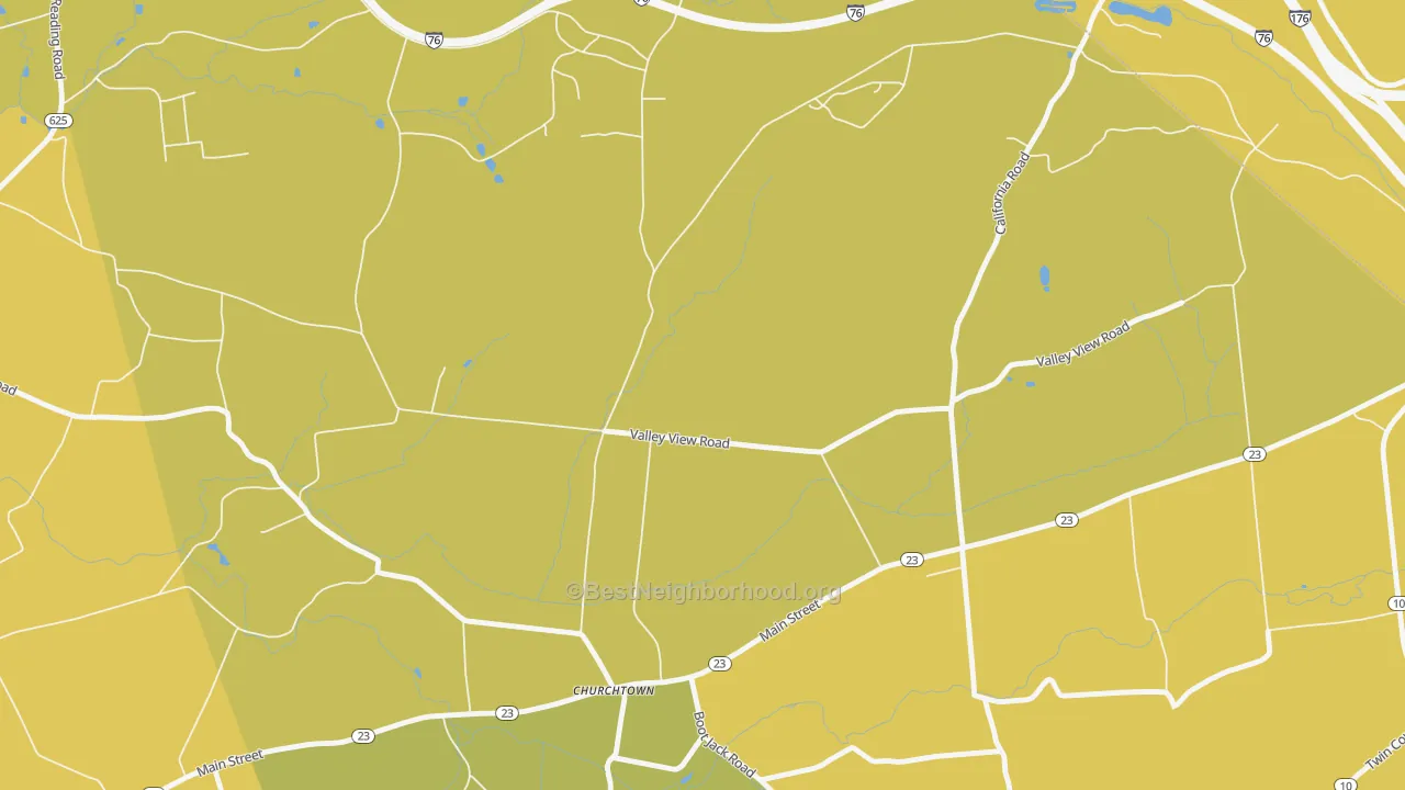 Map of the best neighborhoods in the Churchtown area, with better matches in green and worse matches in red