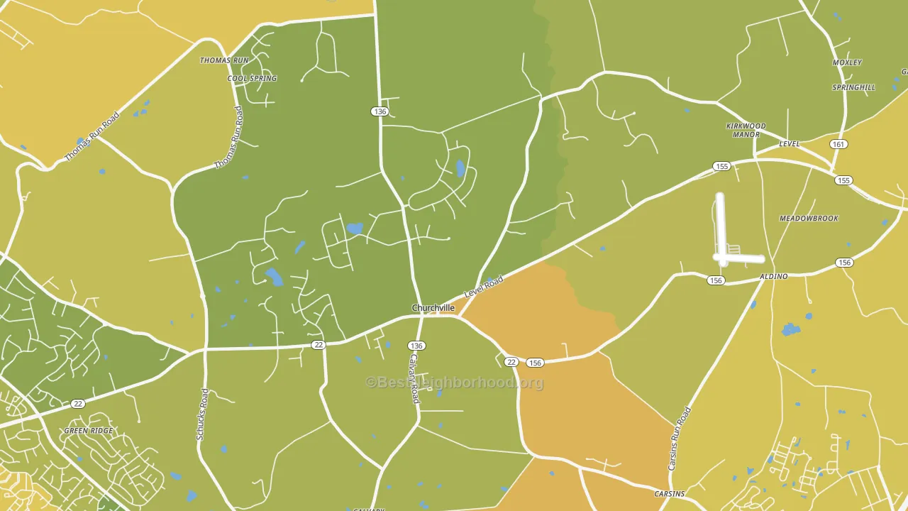 Map of the best neighborhoods in the Churchville area, with better matches in green and worse matches in red