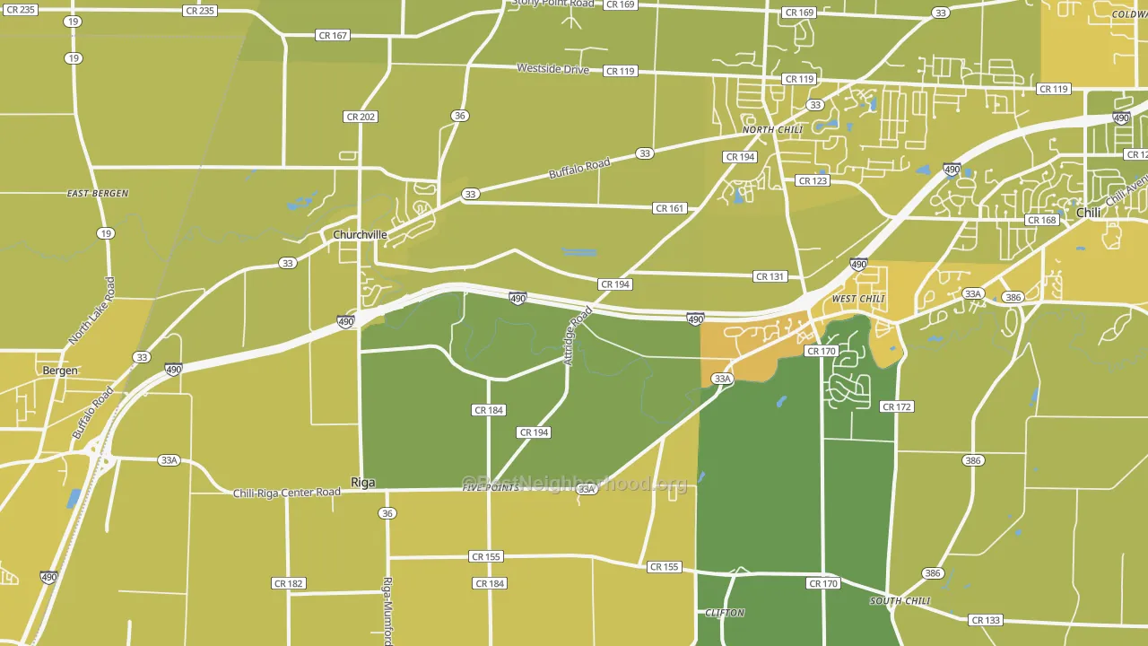 Map of the best neighborhoods in the Churchville area, with better matches in green and worse matches in red