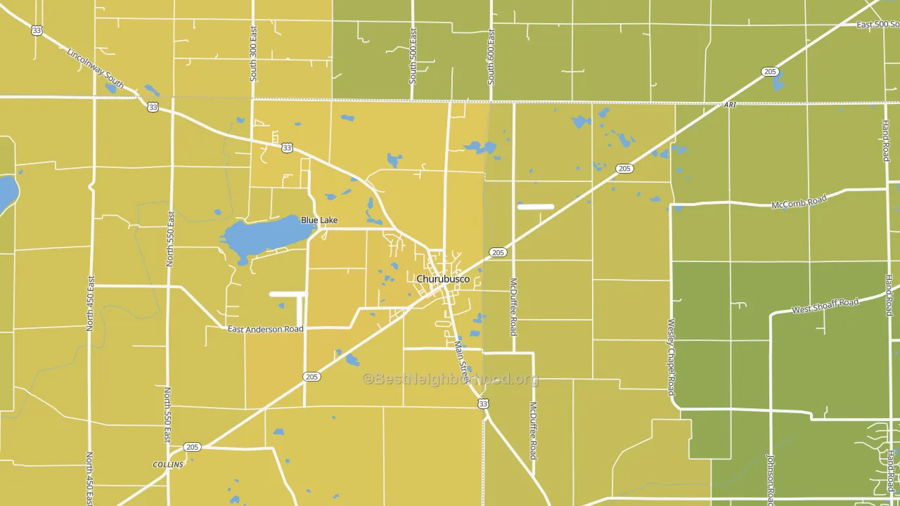 Map of the best neighborhoods in the Churubusco area, with better matches in green and worse matches in red
