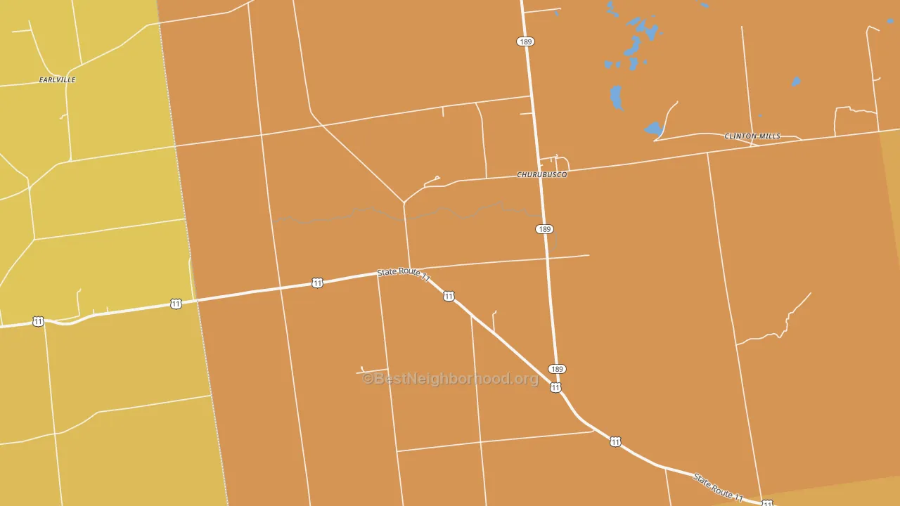 Map of the best neighborhoods in the Churubusco area, with better matches in green and worse matches in red