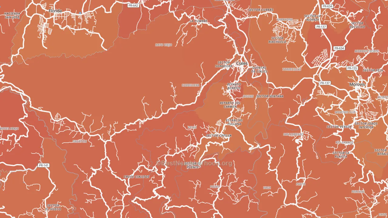 Map of the best neighborhoods in the Ciales Municipio area, with better matches in green and worse matches in red