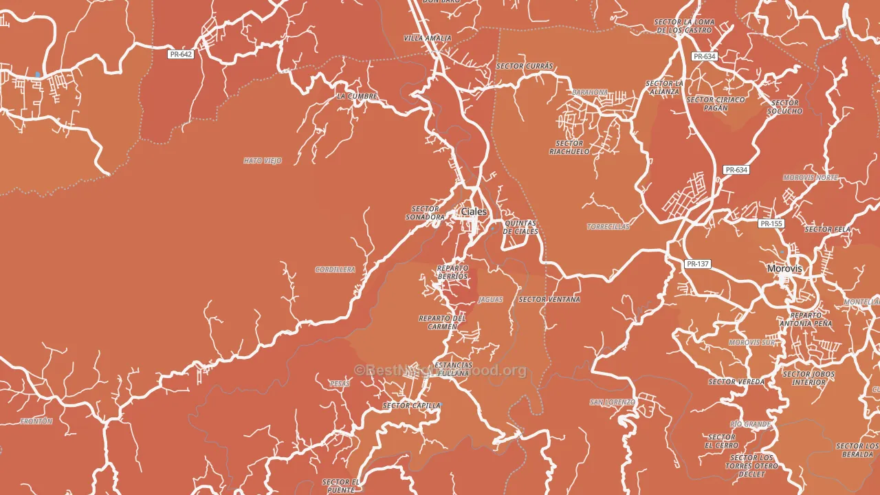 Map of the best neighborhoods in the Ciales area, with better matches in green and worse matches in red