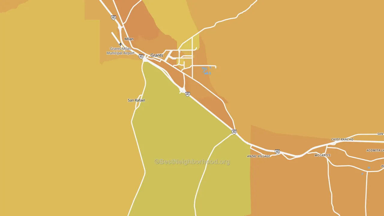 Map of the best neighborhoods in the Cibola County area, with better matches in green and worse matches in red
