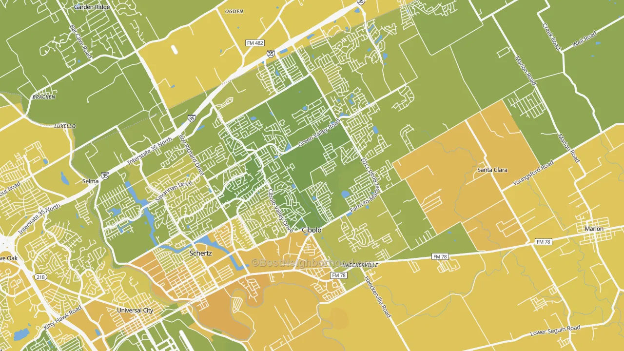 Map of the best neighborhoods in the Cibolo area, with better matches in green and worse matches in red