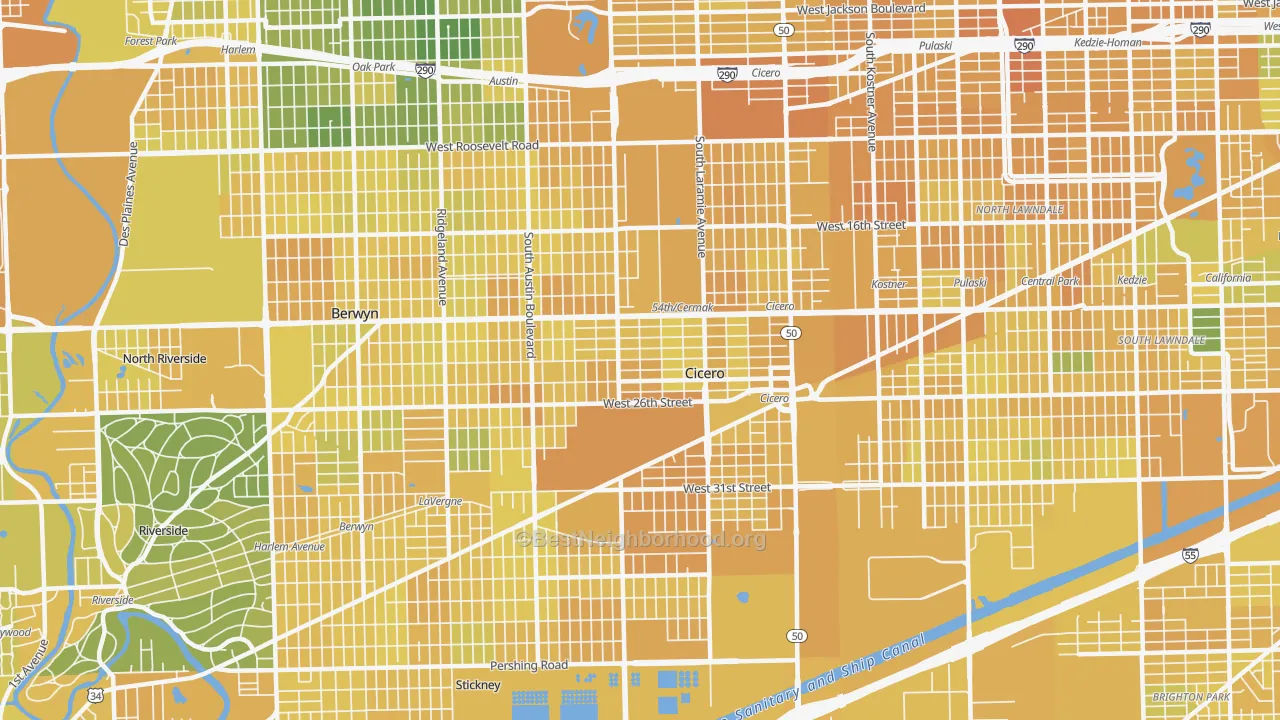 Map of the best neighborhoods in the Cicero area, with better matches in green and worse matches in red