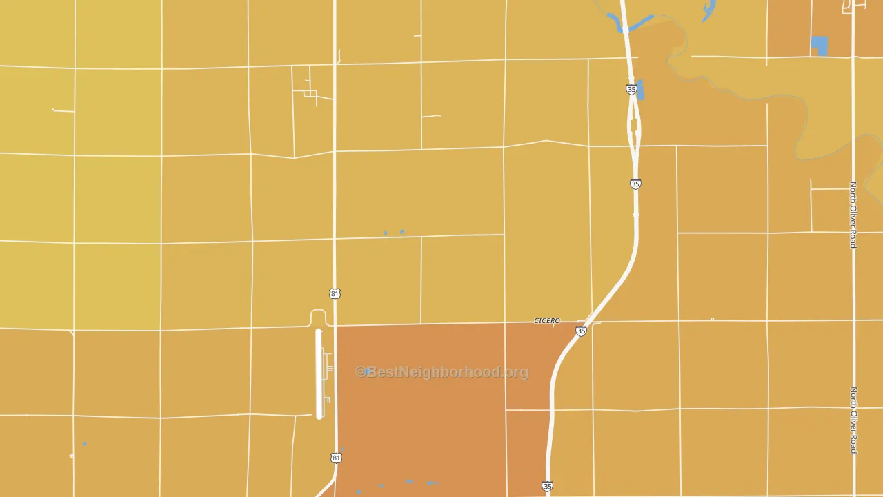 Map of the best neighborhoods in the Cicero area, with better matches in green and worse matches in red