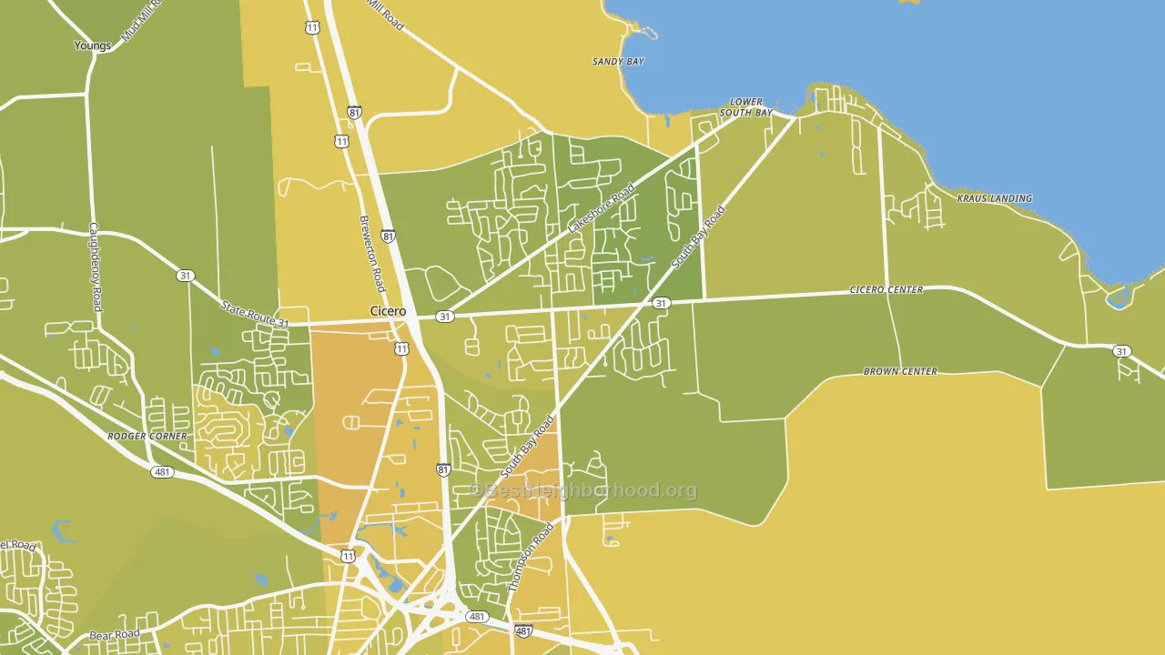 Map of the best neighborhoods in the Cicero area, with better matches in green and worse matches in red