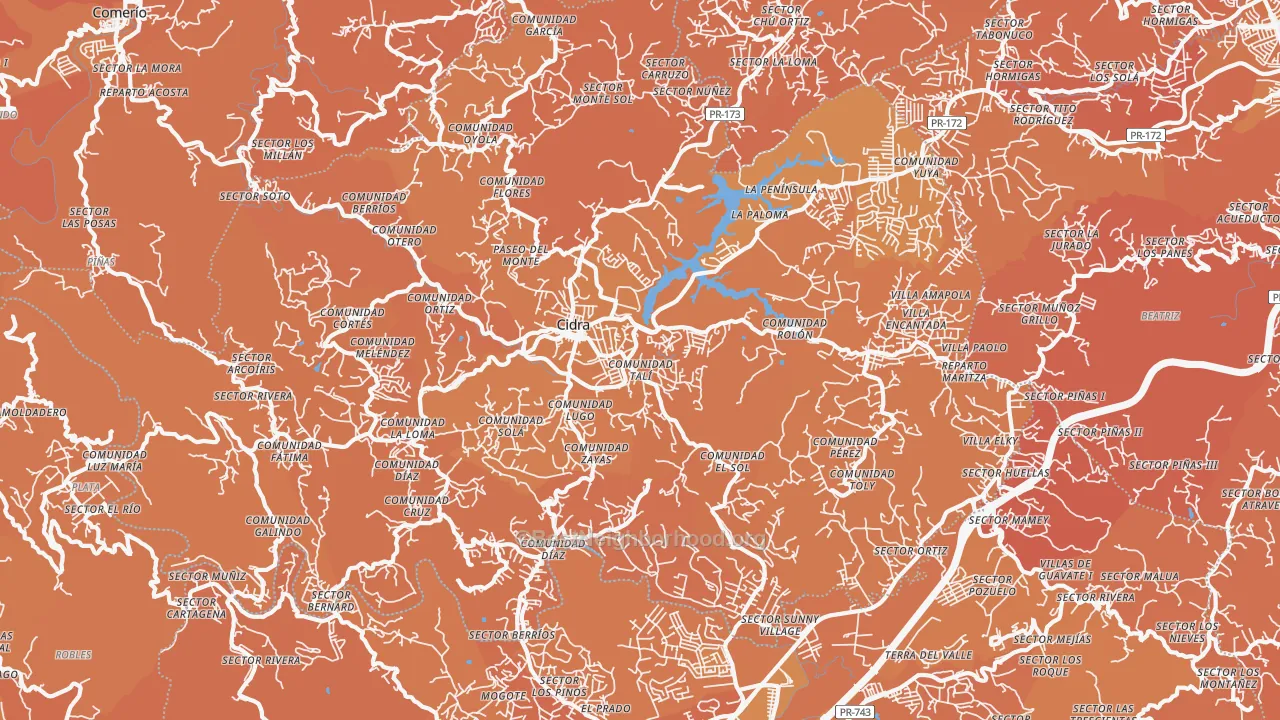 Map of the best neighborhoods in the Cidra Municipio area, with better matches in green and worse matches in red