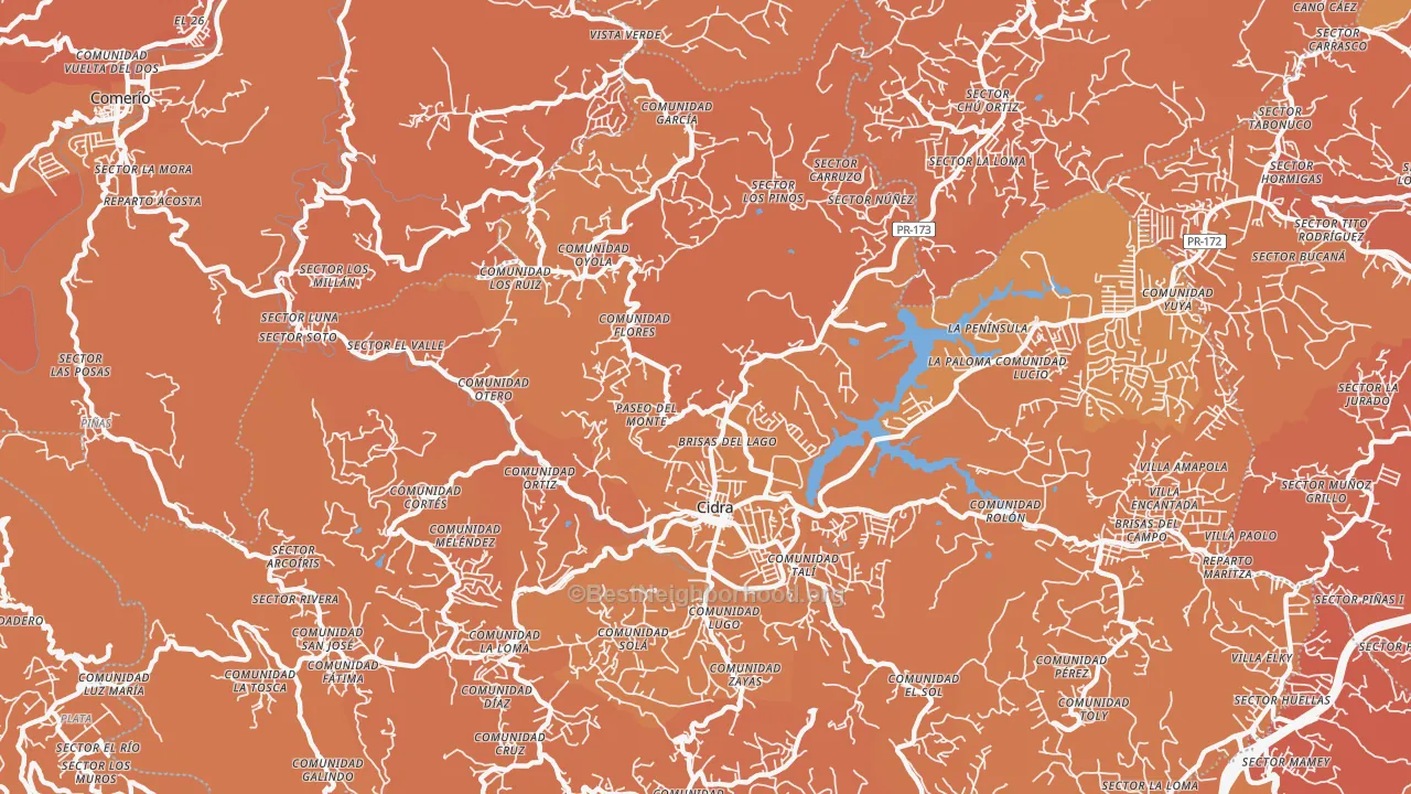 Map of the best neighborhoods in the Cidra area, with better matches in green and worse matches in red