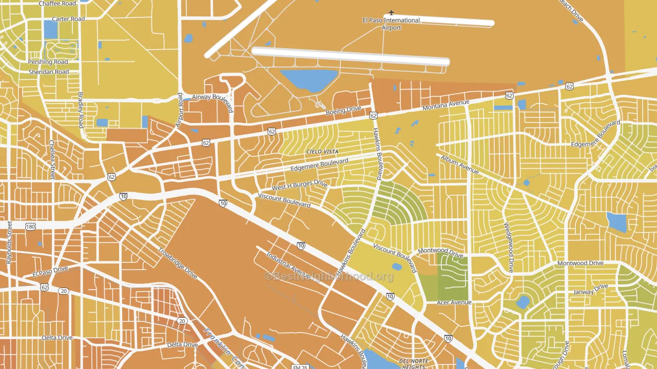 Map of the best neighborhoods in the Cielo Vista South, El Paso area, with better matches in green and worse matches in red