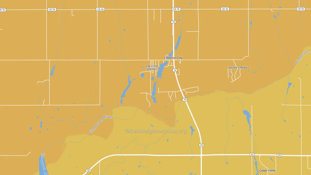 Map of the best neighborhoods in the Cimarron City area, with better matches in green and worse matches in red