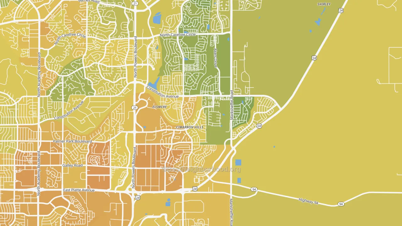 Map of the best neighborhoods in the Cimarron Hills area, with better matches in green and worse matches in red