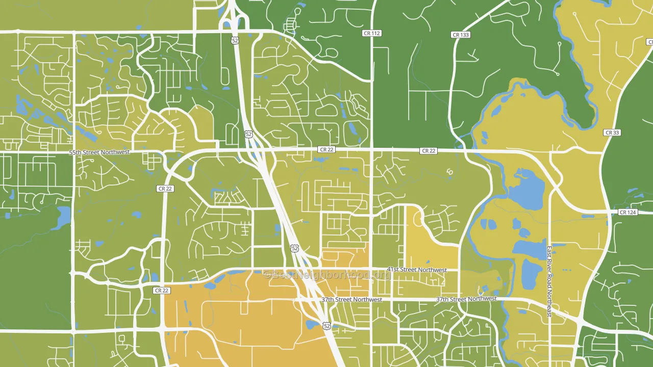 Map of the best neighborhoods in the Cimarron, Rochester area, with better matches in green and worse matches in red