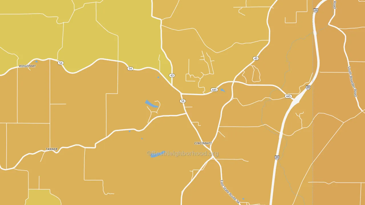 Map of the best neighborhoods in the Cincinnati area, with better matches in green and worse matches in red
