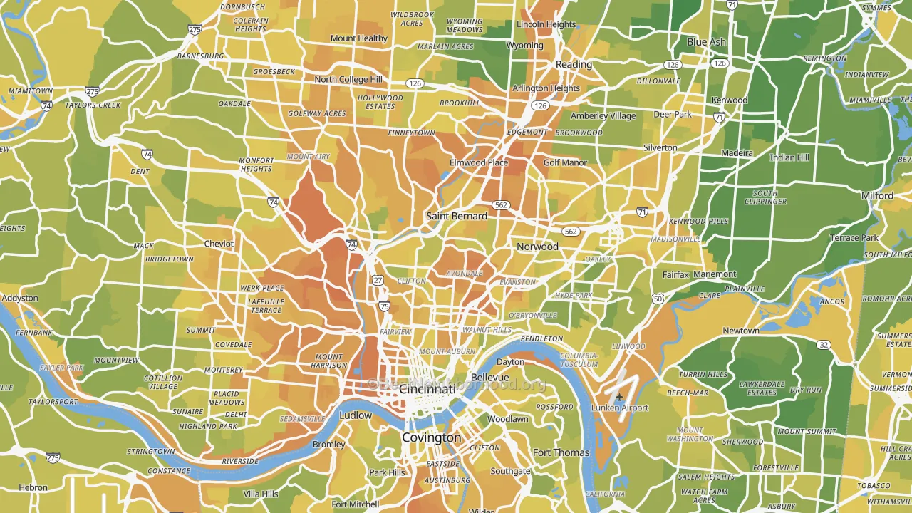 Map of the best neighborhoods in the Cincinnati Metro area, with better matches in green and worse matches in red