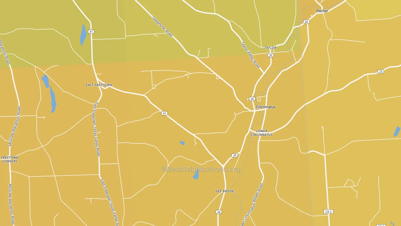 Map of the best neighborhoods in the Cincinnatus area, with better matches in green and worse matches in red