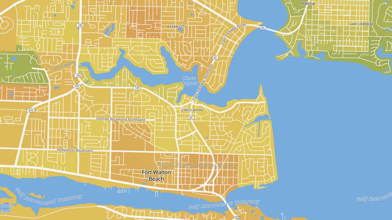 Map of the best neighborhoods in the Cinco Bayou area, with better matches in green and worse matches in red