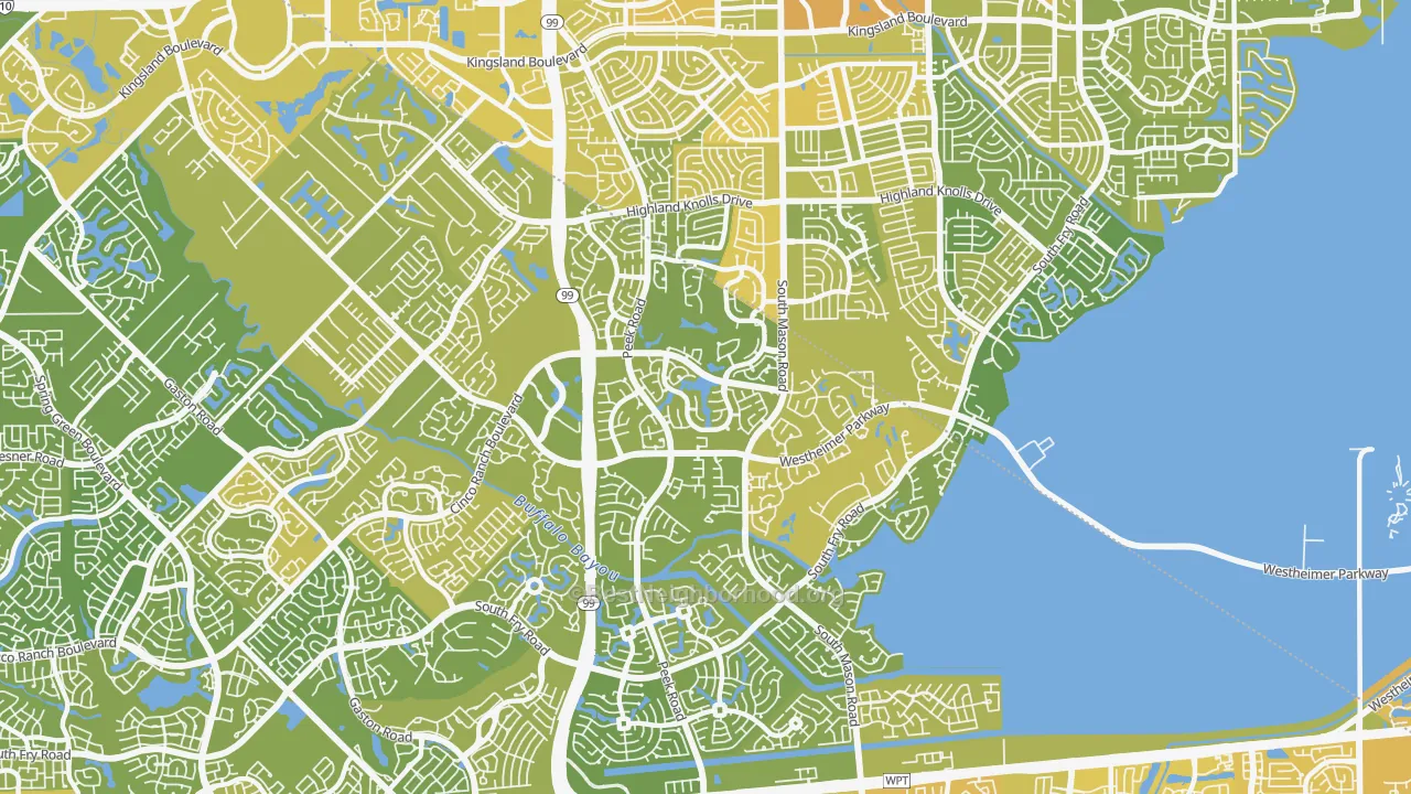 Map of the best neighborhoods in the Cinco Ranch area, with better matches in green and worse matches in red