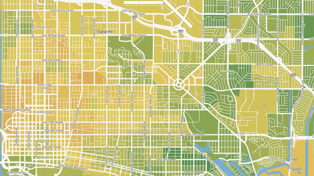 Map of the best neighborhoods in the Circle Area, Long Beach area, with better matches in green and worse matches in red