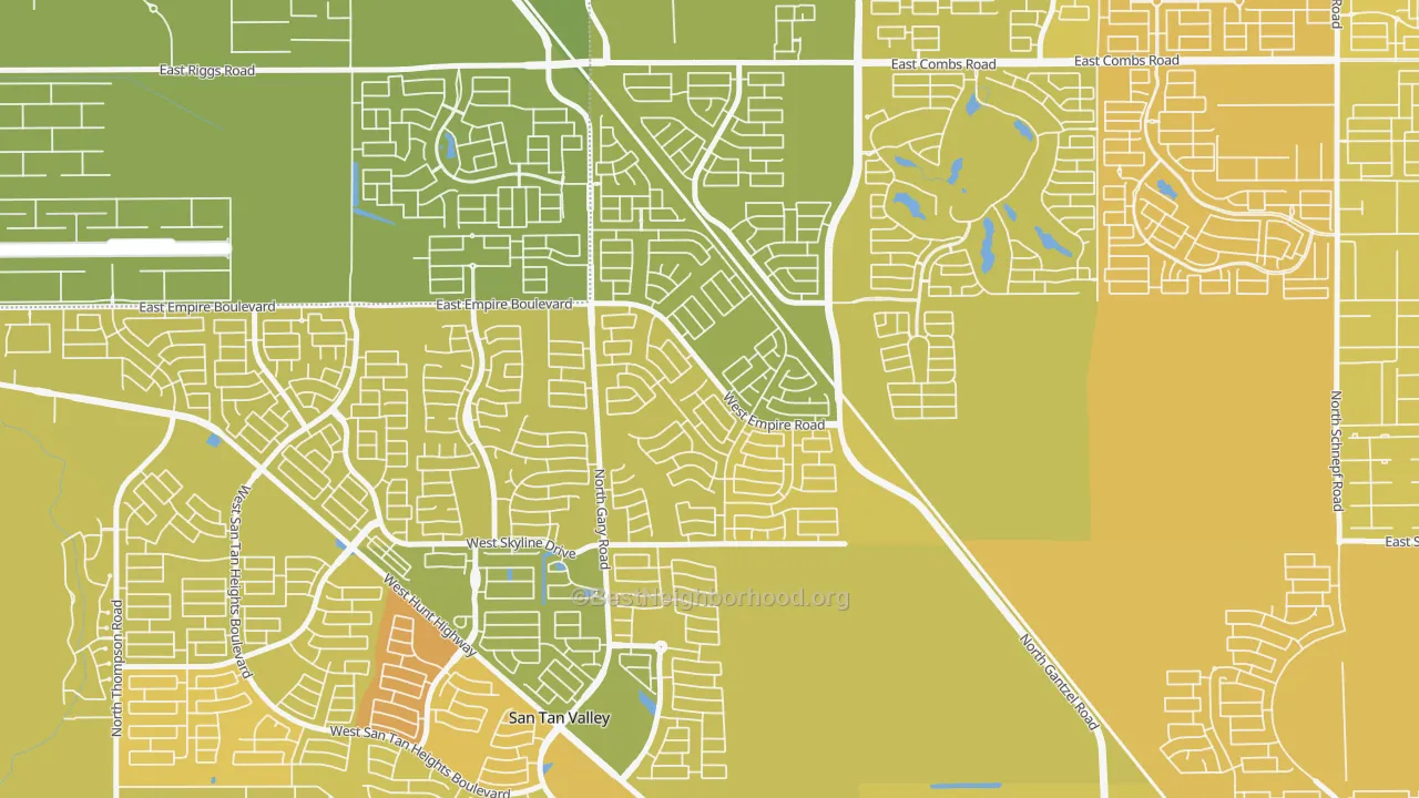 Map of the best neighborhoods in the Circle Cross Ranch, San Tan Valley area, with better matches in green and worse matches in red