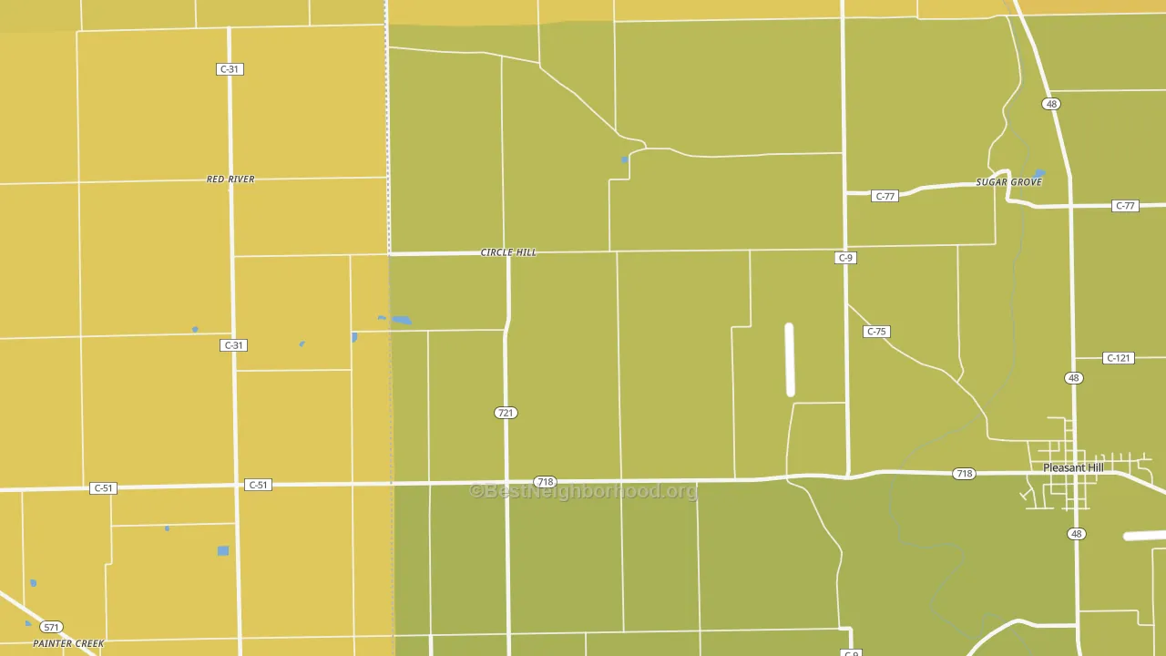 Map of the best neighborhoods in the Circle Hill area, with better matches in green and worse matches in red