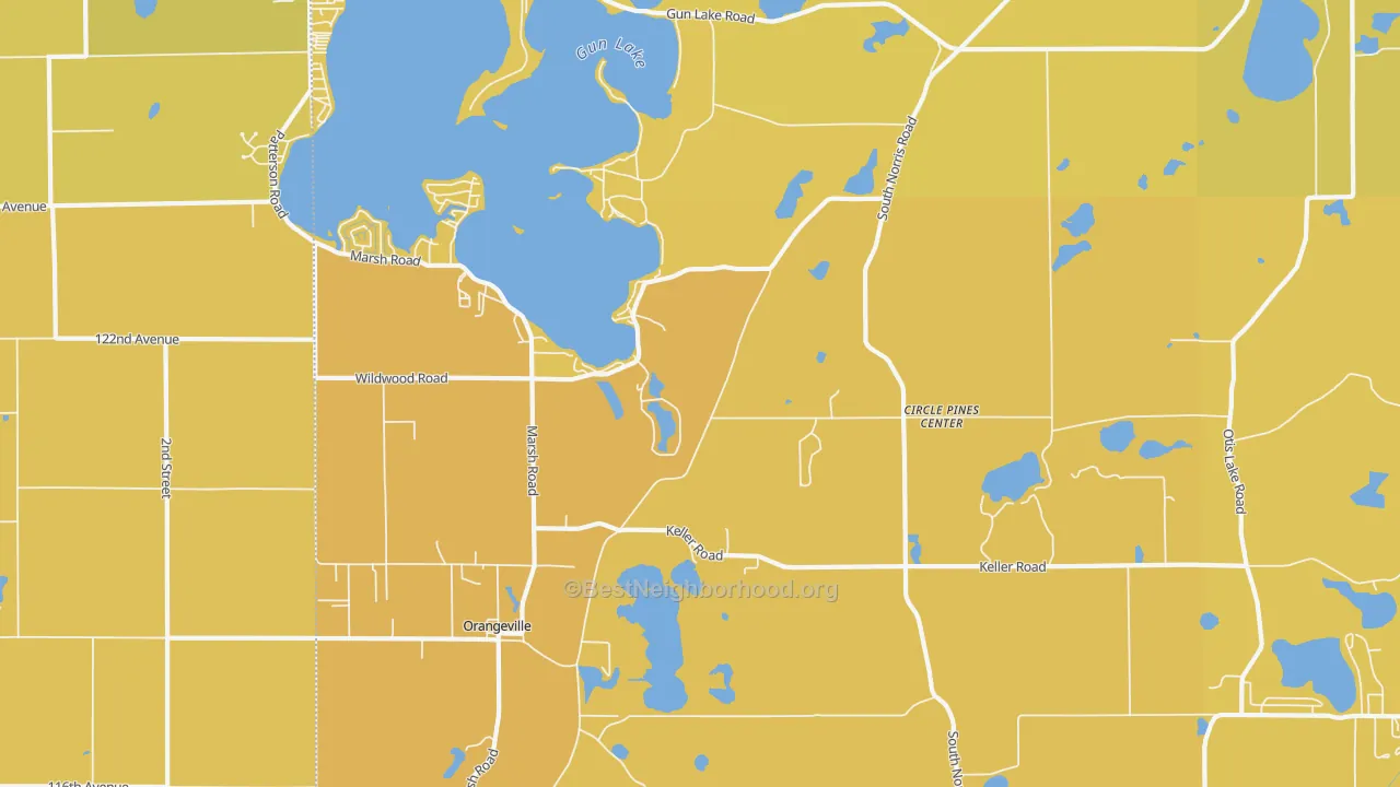 Map of the best neighborhoods in the Circle Pine Center area, with better matches in green and worse matches in red