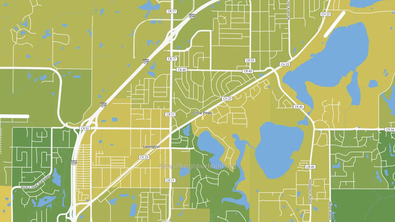 Map of the best neighborhoods in the Circle Pines area, with better matches in green and worse matches in red