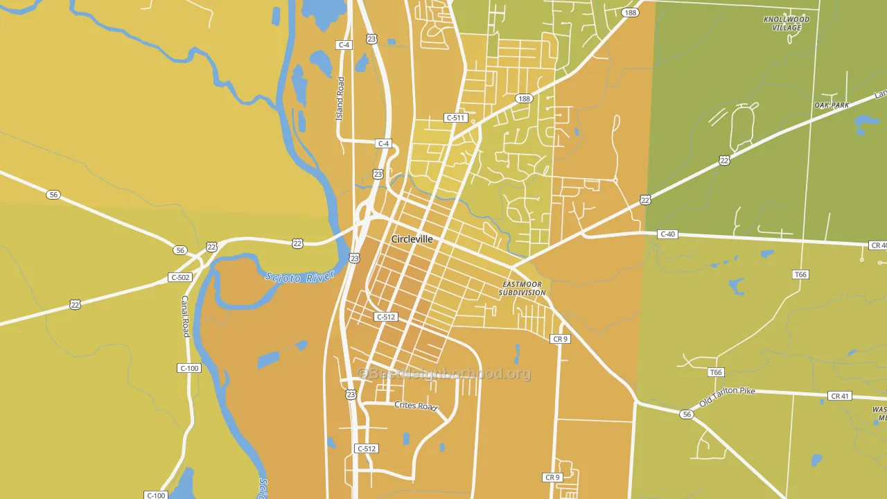 Map of the best neighborhoods in the Circleville Historic District, Circleville area, with better matches in green and worse matches in red