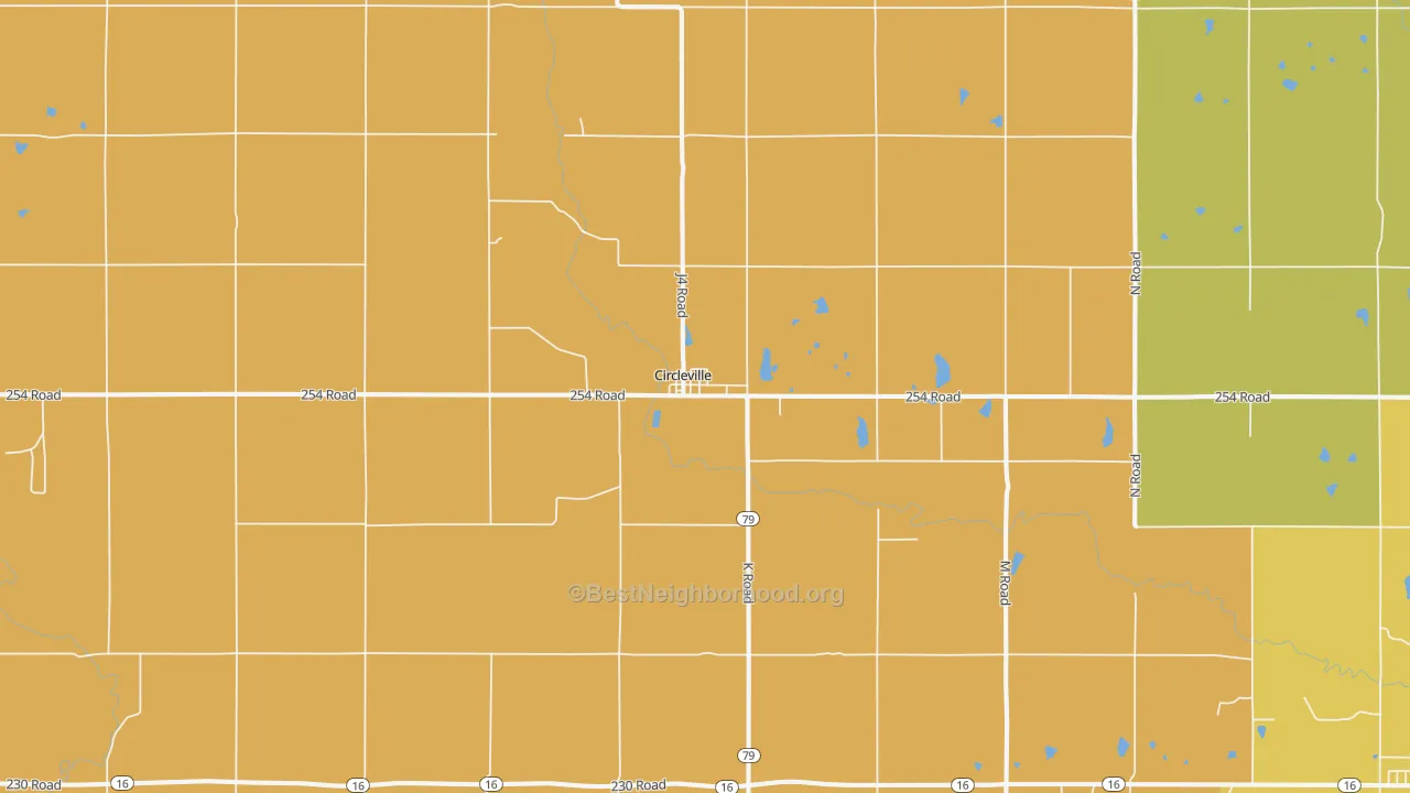 Map of the best neighborhoods in the Circleville area, with better matches in green and worse matches in red