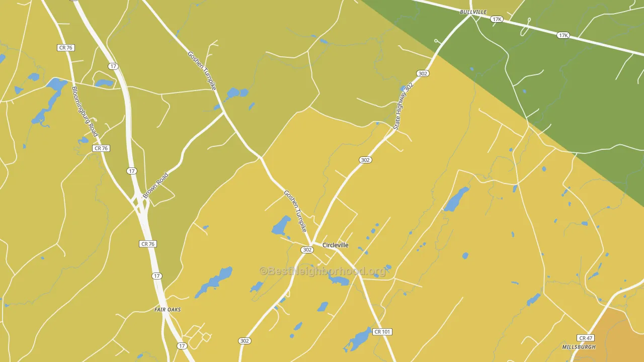 Map of the best neighborhoods in the Circleville area, with better matches in green and worse matches in red
