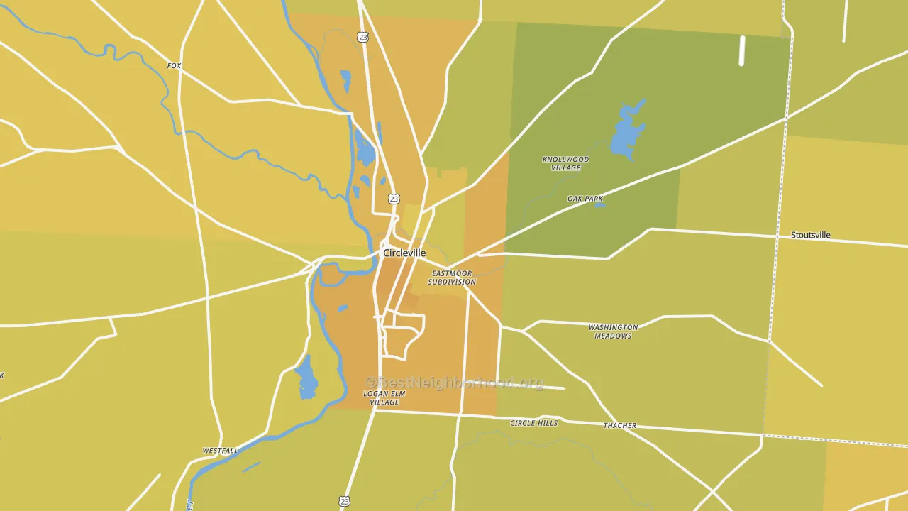 Map of the best neighborhoods in the Circleville area, with better matches in green and worse matches in red