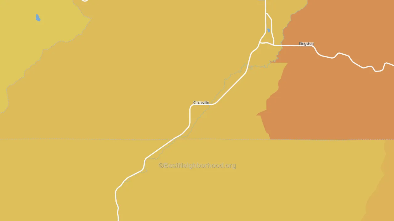 Map of the best neighborhoods in the Circleville area, with better matches in green and worse matches in red