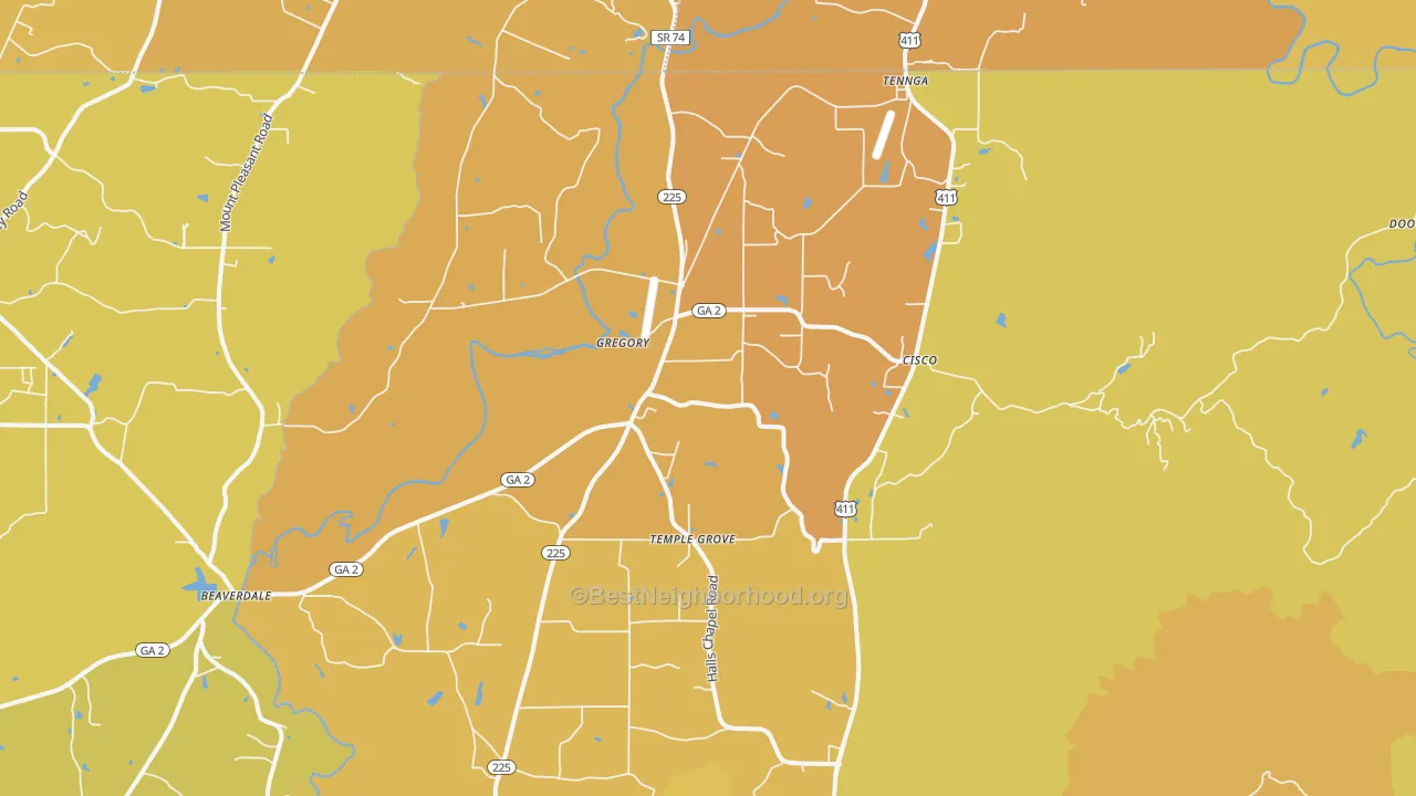 Map of the best neighborhoods in the Cisco area, with better matches in green and worse matches in red