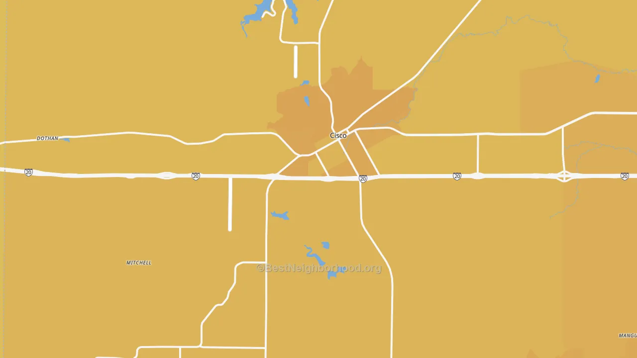 Map of the best neighborhoods in the Cisco area, with better matches in green and worse matches in red