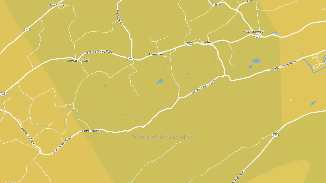 Map of the best neighborhoods in the Cisna Run area, with better matches in green and worse matches in red